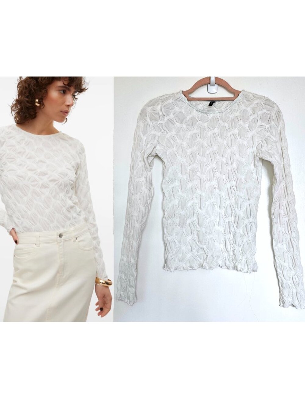 Vero Moda Vmuma Uma Structured Textured Crinkled Long Sleeve Top S